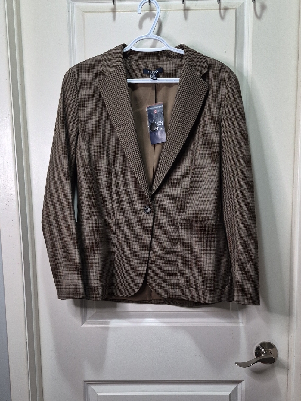 Chaps navy label with black and brown houndstooth .